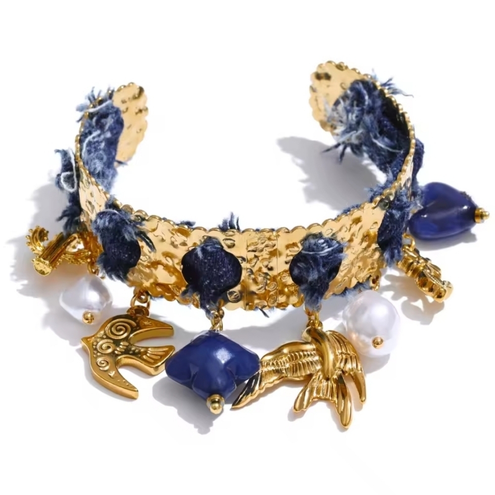 New Free People Wanderlust 18K Gold Ss  Charm Denim Cuff Bracelet